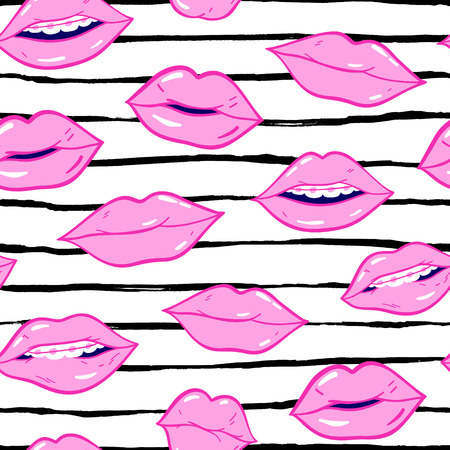 Beauty, makeup, cosmetic fashion seamless pattern. Vector red pink color doodle lips patches in pop art 80s-90s style. Woman's sexy emotions mouth.のイラスト素材