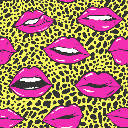 Beauty, makeup, cosmetic fashion seamless pattern. Vector red pink color doodle lips patches in pop art 80s-90s style. Woman's sexy emotions mouth.のイラスト素材