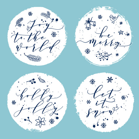 Joy to the world, Holly Jolly, Be Merry, Let it snow typography label, posters, greeting cards set on white. Vector holiday backgroundのイラスト素材