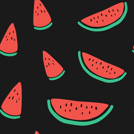 Vector tropical fruit background with watermelon. Summer exotic fruit seamless pattern on blackのイラスト素材