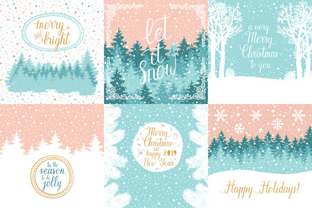 Merry and Bright Christmas, Happy Holidays, Happy New Year greeting cards set. Vector winter holidays backgrounds with hand lettering calligraphic, christmas tree branches, snowflakes, falling snow.のイラスト素材