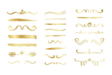Hand drawn golden gradient borders, brackets, swirls, dividers set. Vector ink brush elements.のイラスト素材