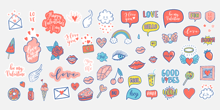 Vector hand drawn fashion elements for wedding, Valentine's Day, love prints background. Labels, speech bubble, heart, arraw, wings, flowers setのイラスト素材