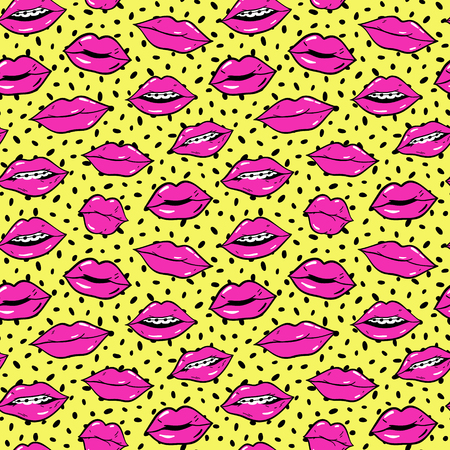 Beauty, makeup, cosmetic fashion seamless pattern. Vector red pink color doodle lips patches in pop art 80s-90s style. Woman's sexy emotions mouth.のイラスト素材