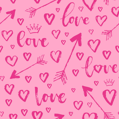 Vector fashion abstract seamless pattern with arrow, hearts on Happy Valentines Day. Cartoon doodle illustration backgroundのイラスト素材