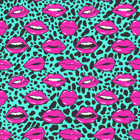 Beauty, makeup, cosmetic fashion seamless pattern. Vector red pink color doodle lips patches in pop art 80s-90s style. Woman's sexy emotions mouth.のイラスト素材
