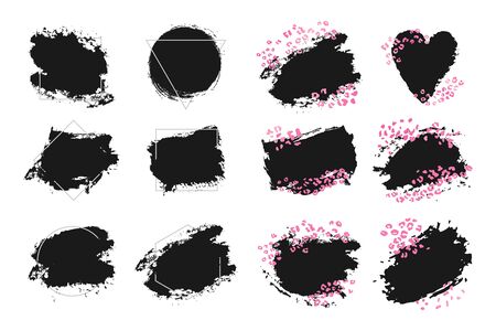 Abstract geometric vector background, brush paint illustration, frame, element, shape set. Black ink brush stroke with pink exotic leopard animal skin textureのイラスト素材