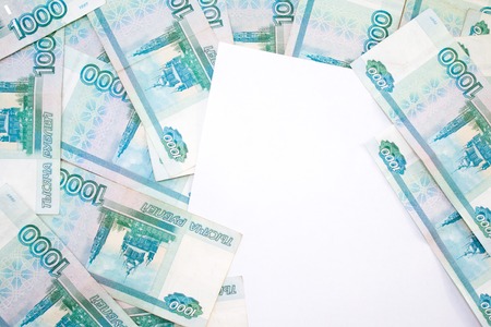 business, finance, saving, banking concept - close up bundle of money Russian Banknotes thousand...