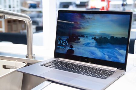 St-Petersburg, Russia - JANUARY 17, 2019: opened new Xiaomi Laptop computer notebook pro 15.6 at...