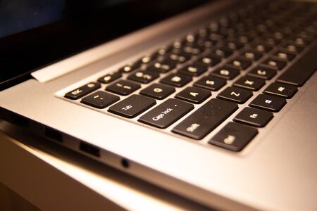 St-Petersburg, Russia - JANUARY 17, 2019: close up keyboard of Xiaomi Laptop computer notebook pro 15.6 at home interior.のeditorial素材