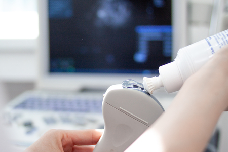 Ultrasound scanner equipment in clinic hospital. Diagnostics, sonography and health concept. Copyspaceの写真素材