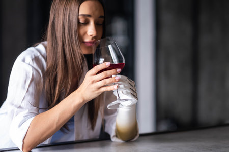 Calm thoughtful girl holds glass of wine in bionic arm at home, woman with artificial prosthetic limbの写真素材