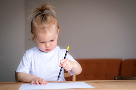 baby girl paint or writing at home in sunny cozy living room, Educational pastime develop creativity...
