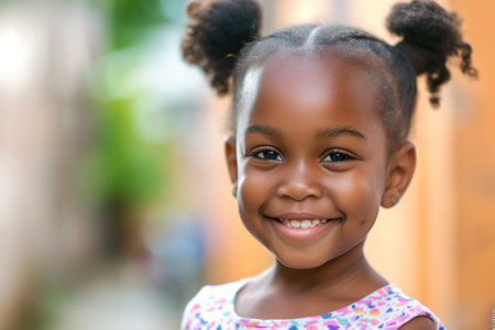 black charming young girl with joyful smile and hair in playful puffs, childs delight, blurred urban background, youth apparel and family moments conceptの素材