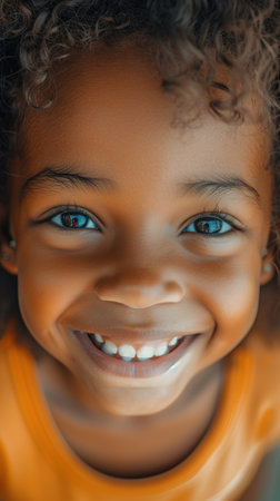 black charming young girl with joyful smile and hair in playful puffs, childs delight, blurred urban background, youth apparel and family moments conceptの素材