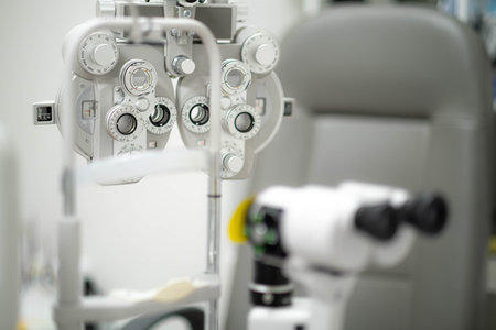 close up of phoropter, specialized instrument used in eye examinations to measure refractive errors...