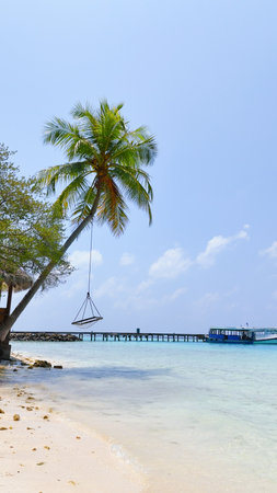 Tropical white sand beach with calm turquoise water and palm trees under blue sky, serene atmosphere for summer travel, hotel, resort, family vacationの写真素材