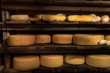 cheese at the dairy, cheese is ripen on wood racksの写真素材