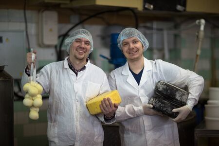 cheese at the dairy,two working  cheese with heads cheese, prodactianの写真素材