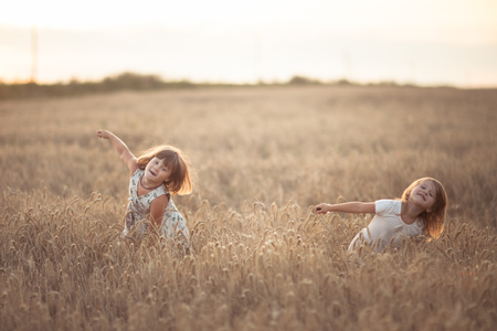Two emotional sisters girls dance in the field with rye at sunset, happiness and freedom, lifestyle and selective focusの写真素材