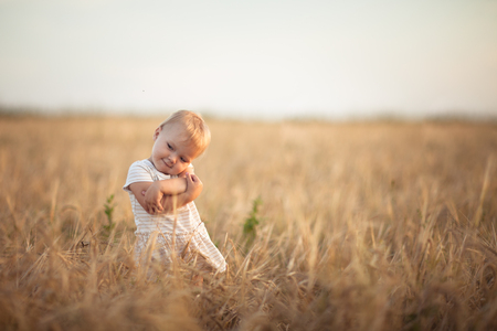 Child Toddler on the wheat field at sunset, the concept of freedom and childhood, lifestyleの写真素材
