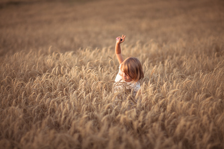 Funny girl dances in the field with rye at sunset, happiness and freedom, lifestyle and selective focusの写真素材