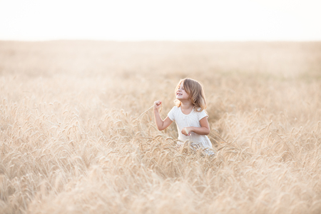 Emotional child on the wheat field at sunset, the concept of freedom and childhood, lifestyle, pastel colorsの写真素材