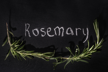 Fresh bunch of rosemary on a chalky black board with the name, top view with an inscription of chalkの写真素材