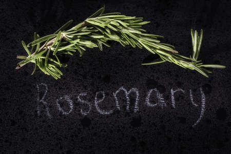 Fresh bunch of rosemary on a chalky black board with the name, top view with an inscription of chalkの写真素材