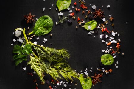 Frame of Spinach and greens of dill and parsley, spices and condiments on a black chalkboard, copy space and dark styleの写真素材