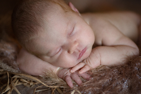 Charming newborn baby lying on stomach in a wooden box, brown background, straw, close-up and copy spaceの写真素材