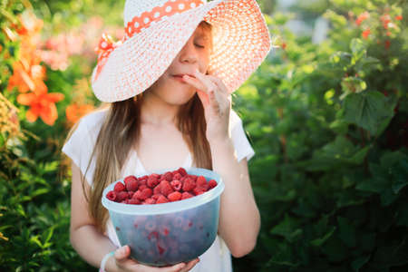 Cute European girl child teenager with big bowl of raspberries, Daughter helps pick berries in...
