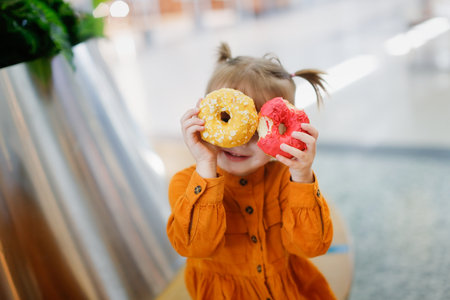 Toddler girl eats donut in supermarket on bench, snack with pastries shopping. Cute child girl in long sleeve mustard dress plays with yellow and pink donutsの写真素材