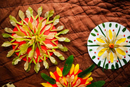 Natural materials for creativity, mandalas from natural materials of leaves and petals. background...