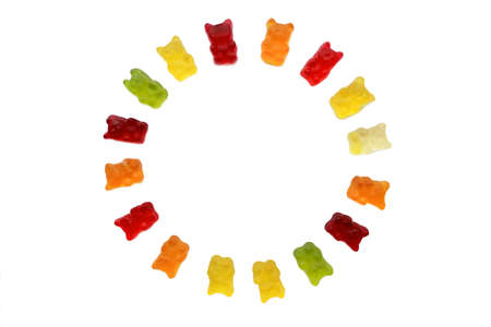 Colorful jelly candies isolated on white background. Top view.