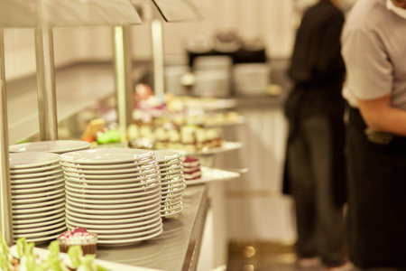 Kemer, Turkey - May, 25: Buffet food at restaurant, catering food party: service people picking up...