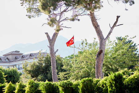 Summer view on stone mountains, trees and turkish flag. Natural wallpaper. Turkey traveling. High quality photoの写真素材