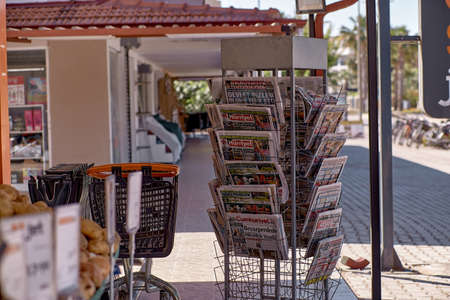 Kemer, Turkey - May 22, 2021: Street market selling food and non-food products. Turkish bazaar.のeditorial素材