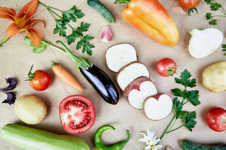 Vegetable backround beet, basil, eggplant, parsley, bell pepper, hot pepper, potatoes, cucumber, carrots and flowers. Italian vegetable recipe. Veganism concept food. Top view, copy space. High quality photoの写真素材