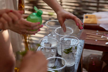 Young woman at a bachelorette party makes a mojito cocktail for the company. Preparation instructions. Step 4. High quality photoの写真素材