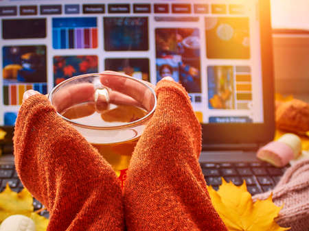 Warm cup of tea, scarf, yellow leaves, marshmallow and laptop. Cozy home, freelance, online...