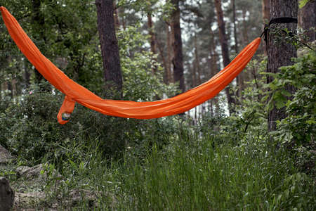 Bright orange hammock in nature. Relaxation and meditation concept. Rest and travel in the green forest. Summer or warm autumn. Copy space. High quality photoの写真素材