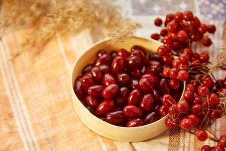 Organic autumn berries of viburnum and dogwood in wooden bowl in cozy home interior. Healthy food...