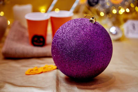 Christmas bright ball copy space. Creative Halloween tree festive party atmosphere. Halloween...