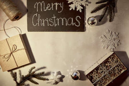 Handmade Christmas present and decorations. Merry Christmas concept, copy space. Retro vintage card...