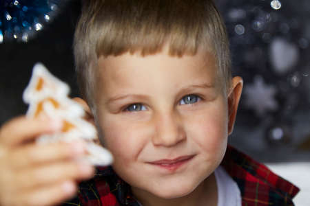 Portrait of cute cheerful toddler with Christmas cookies among festive decorations. Selective focus. Atmospheric home for New Years Eve. Aesthetic home coziness. Cheerful baby boy. Joyful concept.の写真素材