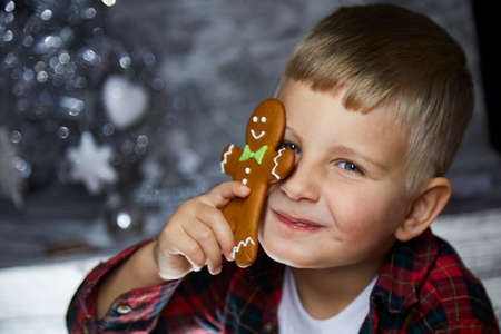 Adorable cheerful toddler hides behind Christmas gingerbread among festive decorations. Atmospheric, aesthetic home for New Years Eve. Good mood. Cheerful baby boy. Joyful, warm cozy home concept.の写真素材