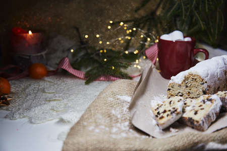 Christmas traditional stollen, known in Germany as Christstollen, is a yeast bread. Hot beverage...