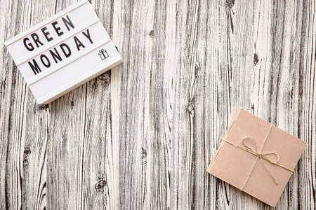 Lightbox with Green Monday text, craft gift box. Concept of online shopping. Top view.の写真素材