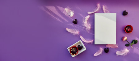 Purple mock up on purple background with chocolate sweets and pink feathers. trendy shadows. holiday present concept. Extra wide banner with copy space.の写真素材